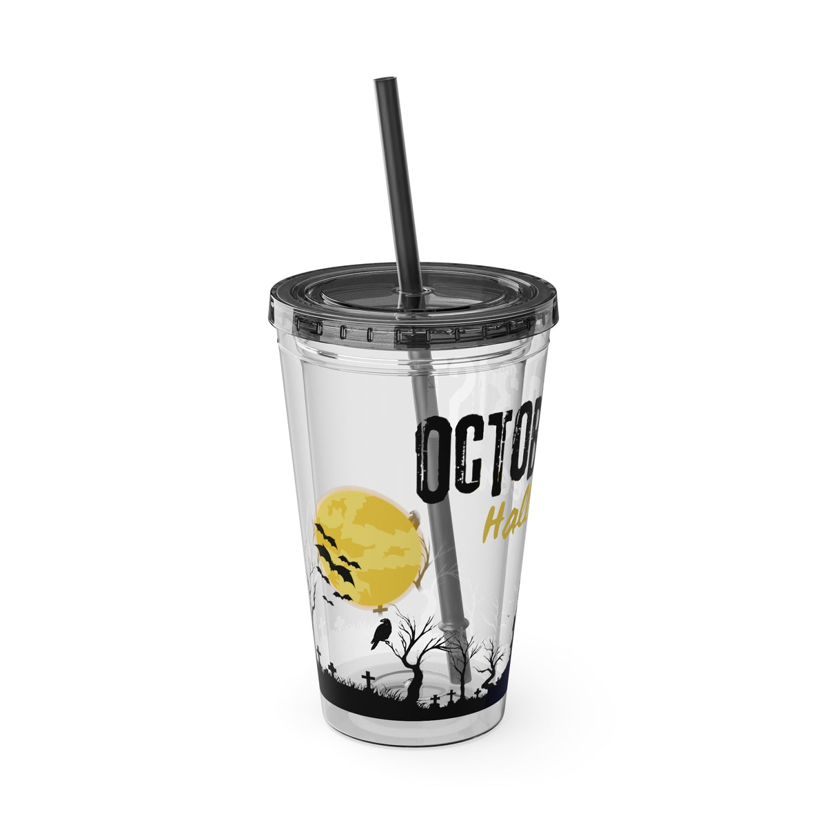 Clear Tumbler with color-matching lid and straw, 16oz - October 31 Haunted House Halloween Tumbler