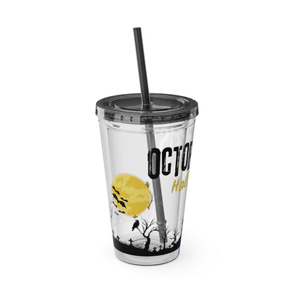 Clear Tumbler with color-matching lid and straw, 16oz - October 31 Haunted House Halloween Tumbler