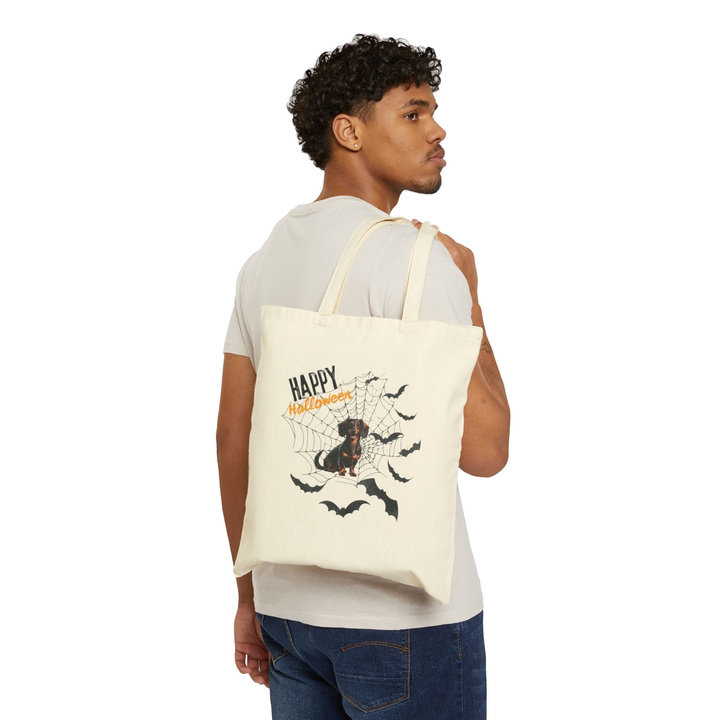 Cotton Canvas Tote Bag - Dachshund and Spider with Trick or Treat