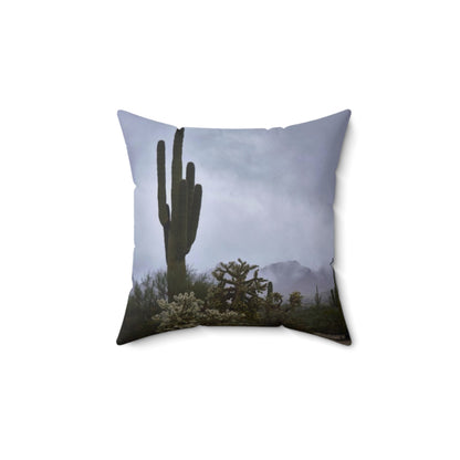 Spun Polyester Square Pillow - AZ Sun Rise and Fog in the desert