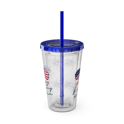 Clear Tumbler with color-matching lid and straw, 16oz  - Happy Birthday America