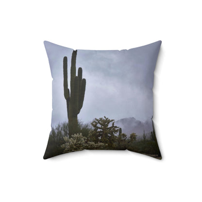 Spun Polyester Square Pillow - AZ Sun Rise and Fog in the desert