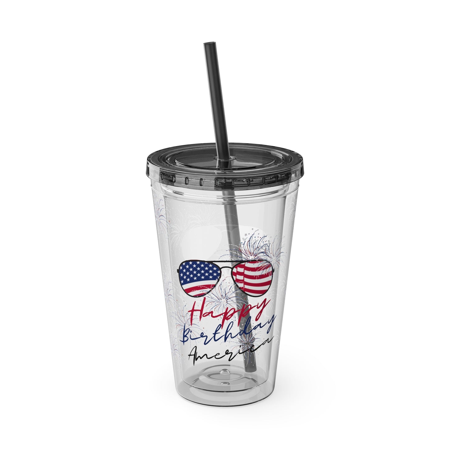 Clear Tumbler with color-matching lid and straw, 16oz  - Happy Birthday America