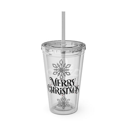 Clear Tumbler with color-matching lid and straw, 16oz - Merry Christmas