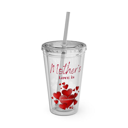 Clear Tumbler with color-matching lid and straw, 16oz  - Mother's Love is Unconditional