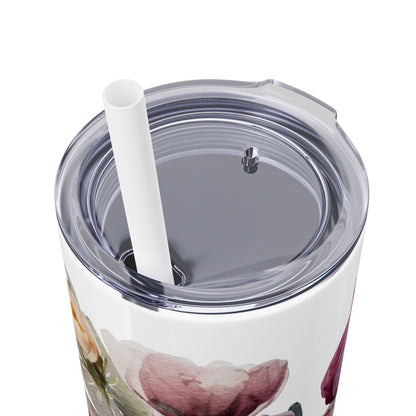 Skinny Tumbler with Straw, 20oz - Peonys