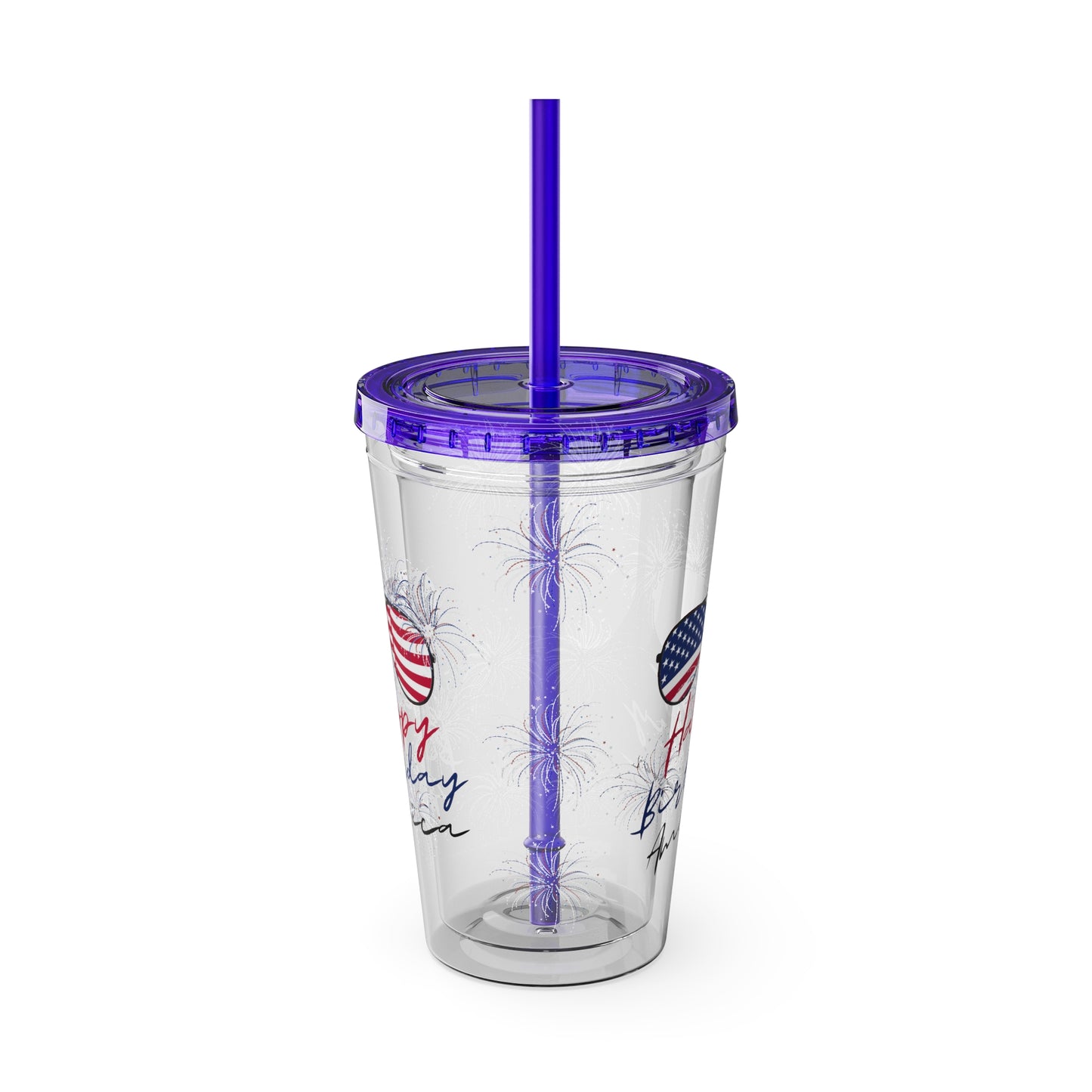 Clear Tumbler with color-matching lid and straw, 16oz  - Happy Birthday America