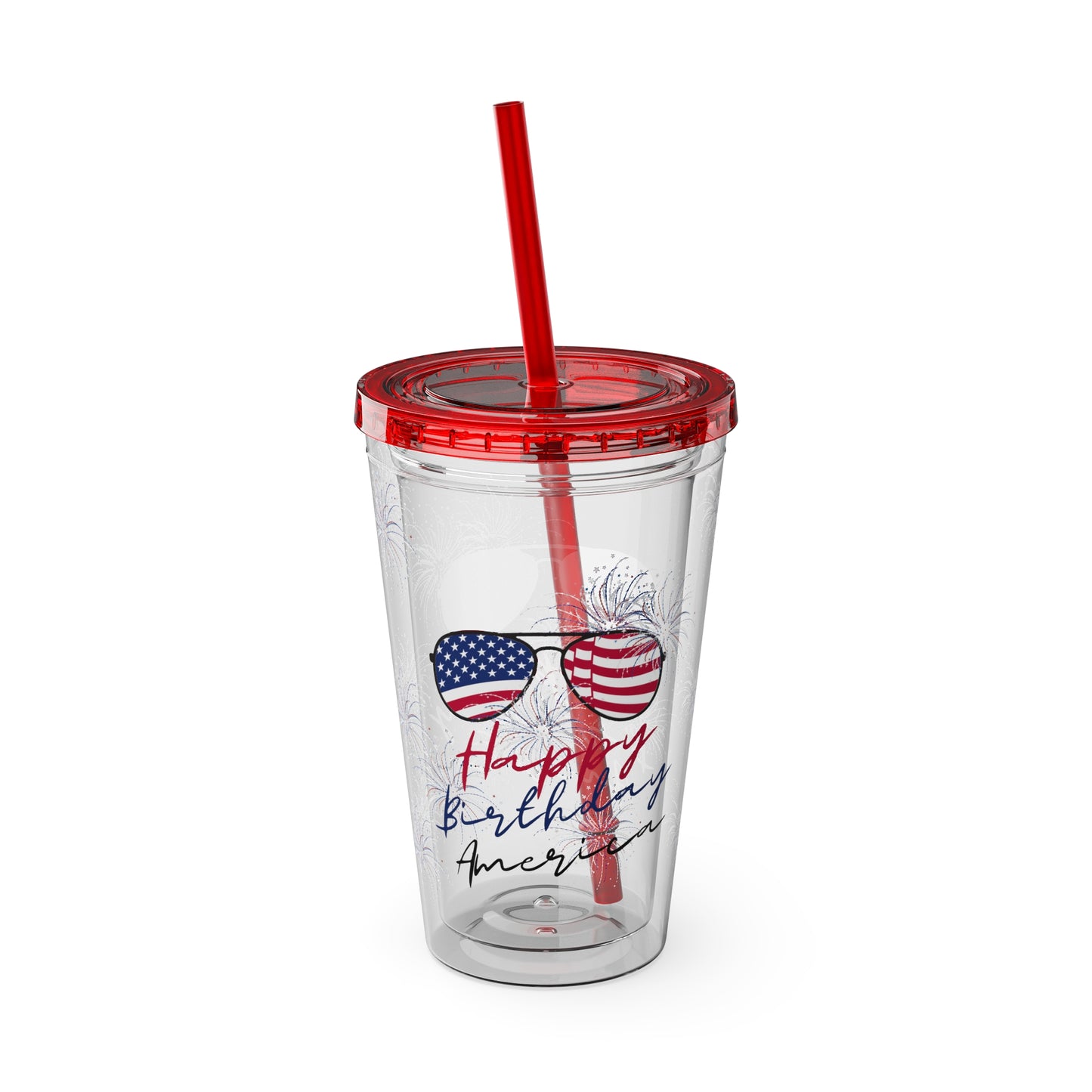 Clear Tumbler with color-matching lid and straw, 16oz  - Happy Birthday America