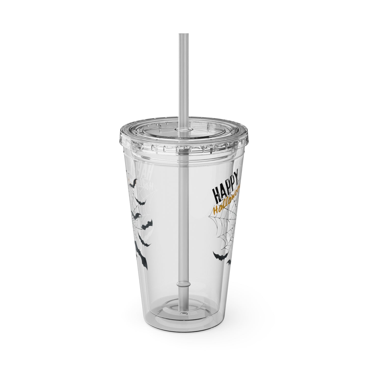 Clear Tumbler with color-matching lid and straw, 16oz  - Happy Halloween