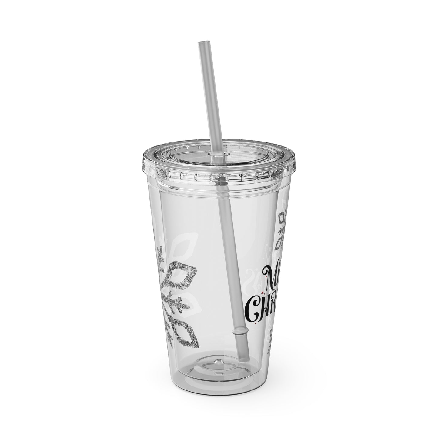 Clear Tumbler with color-matching lid and straw, 16oz - Merry Christmas