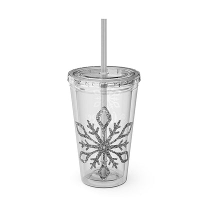 Clear Tumbler with color-matching lid and straw, 16oz - Merry Christmas