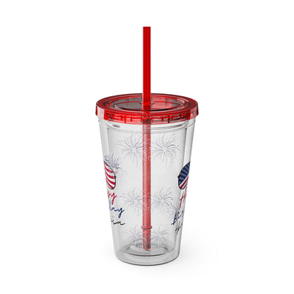 Clear Tumbler with color-matching lid and straw, 16oz  - Happy Birthday America