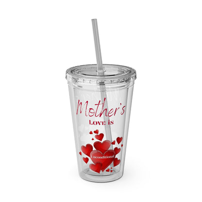 Clear Tumbler with color-matching lid and straw, 16oz  - Mother's Love is Unconditional