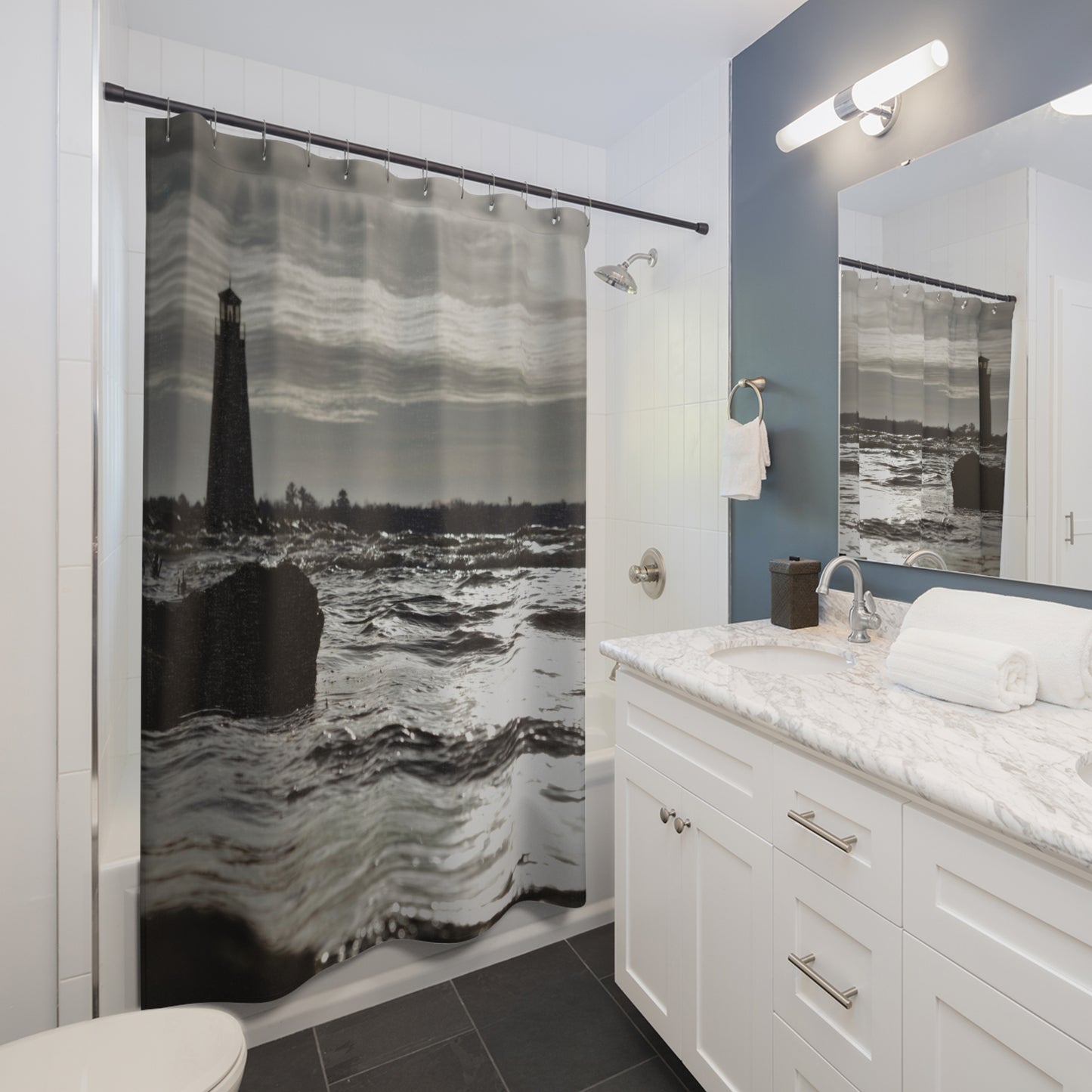 Shower Curtain Winter Light House