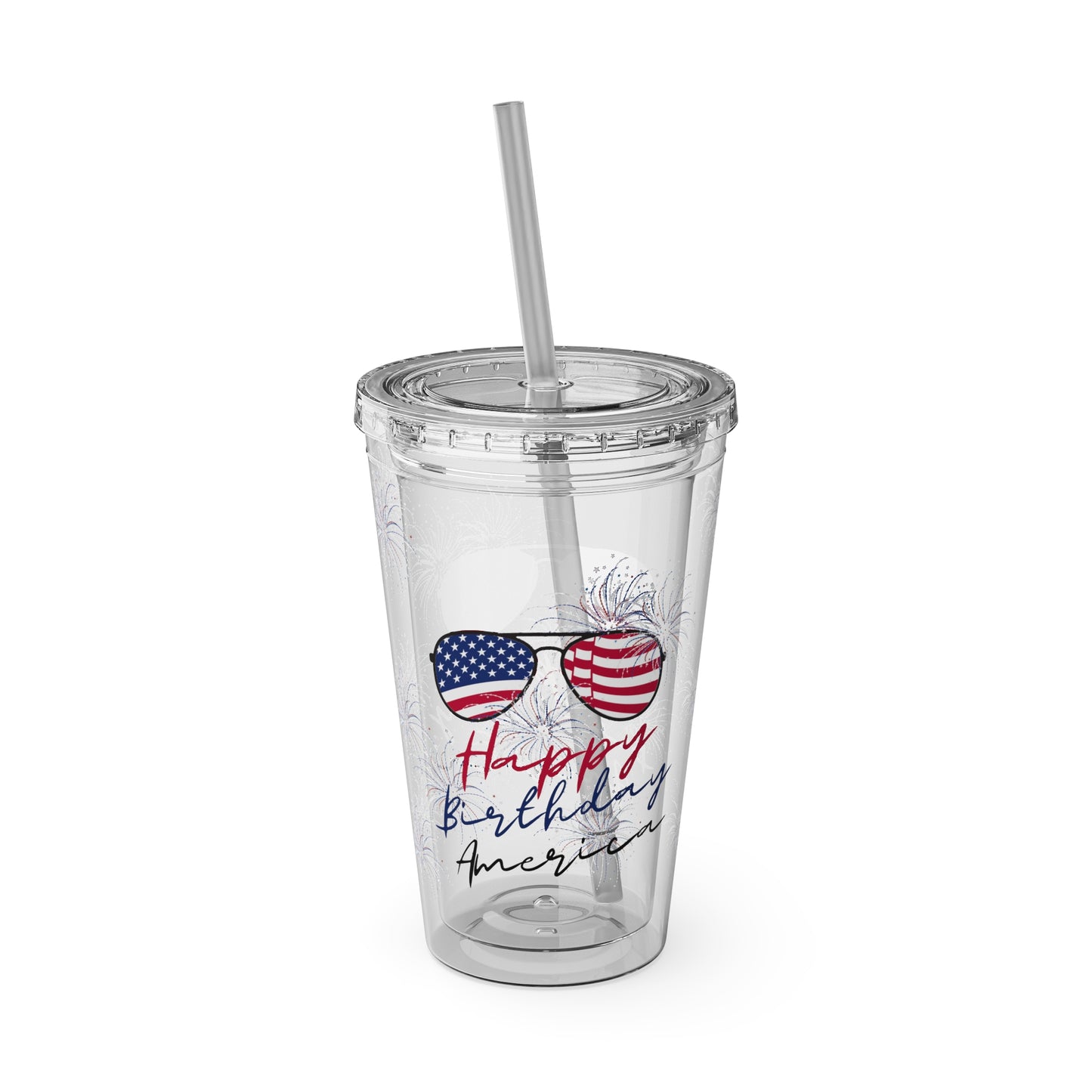 Clear Tumbler with color-matching lid and straw, 16oz  - Happy Birthday America