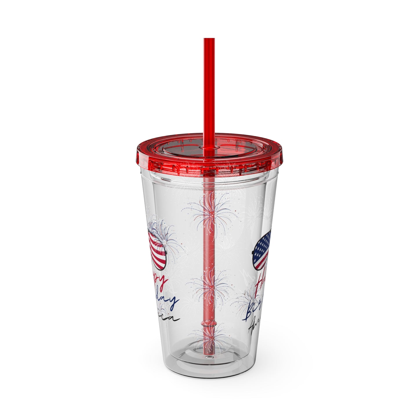 Clear Tumbler with color-matching lid and straw, 16oz  - Happy Birthday America