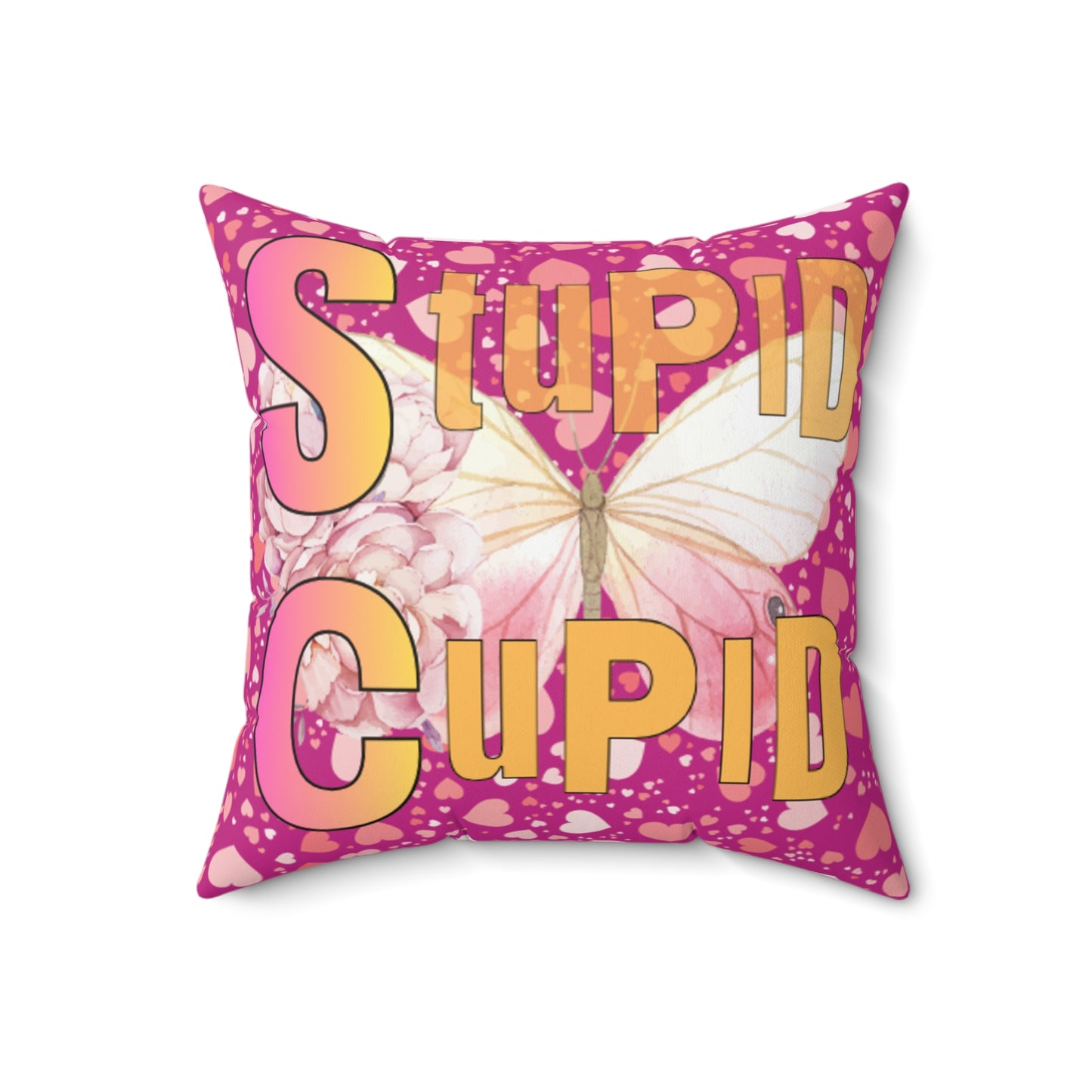 Spun Polyester Square Pillow Stupid Cupid Butterfly Purple