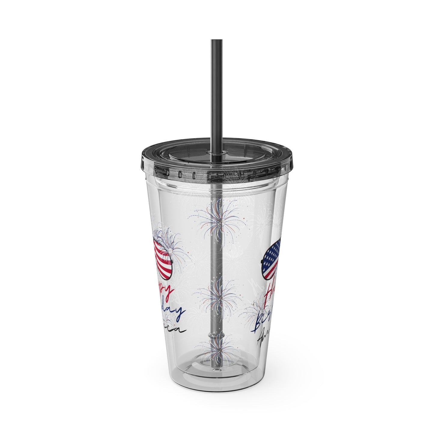 Clear Tumbler with color-matching lid and straw, 16oz  - Happy Birthday America