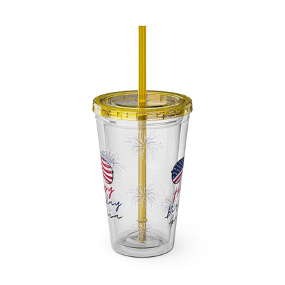 Clear Tumbler with color-matching lid and straw, 16oz  - Happy Birthday America