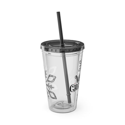 Clear Tumbler with color-matching lid and straw, 16oz - Merry Christmas