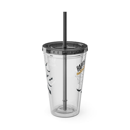 Clear Tumbler with color-matching lid and straw, 16oz  - Happy Halloween