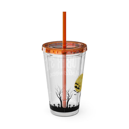 Clear Tumbler with color-matching lid and straw, 16oz - October 31 Haunted House Halloween Tumbler