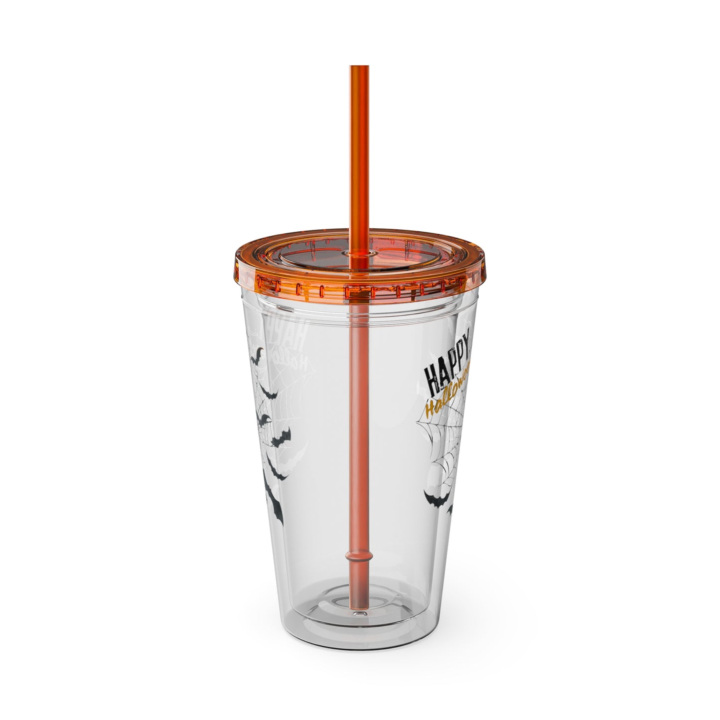 Clear Tumbler with color-matching lid and straw, 16oz  - Happy Halloween