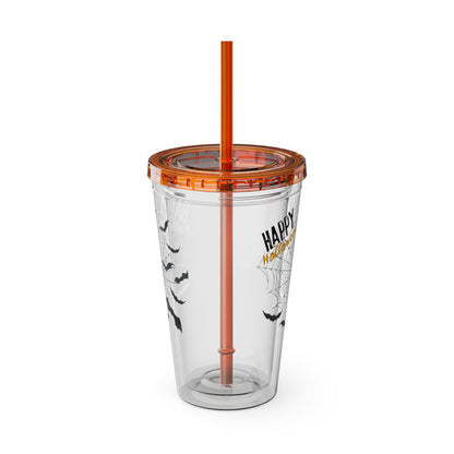 Clear Tumbler with color-matching lid and straw, 16oz  - Happy Halloween