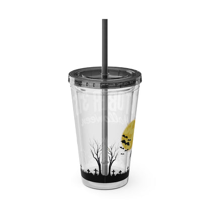 Clear Tumbler with color-matching lid and straw, 16oz - October 31 Haunted House Halloween Tumbler