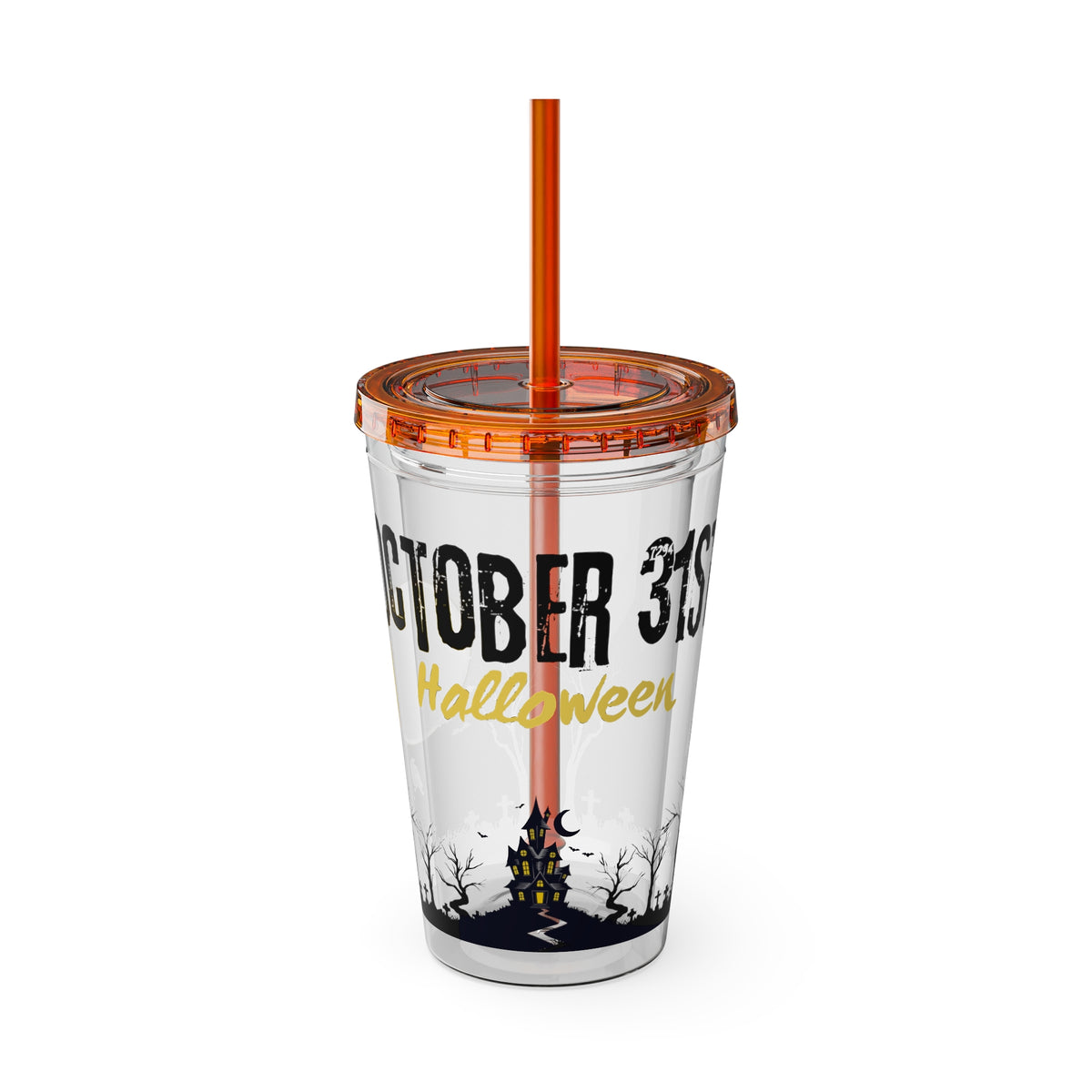 Clear Tumbler with color-matching lid and straw, 16oz - October 31 Haunted House Halloween Tumbler