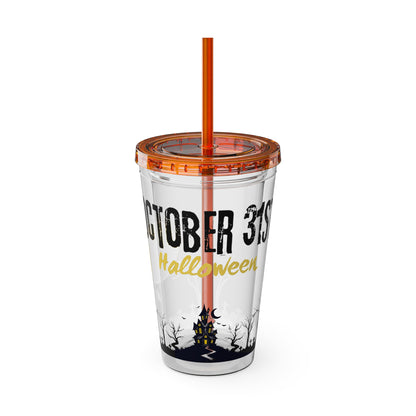 Clear Tumbler with color-matching lid and straw, 16oz - October 31 Haunted House Halloween Tumbler
