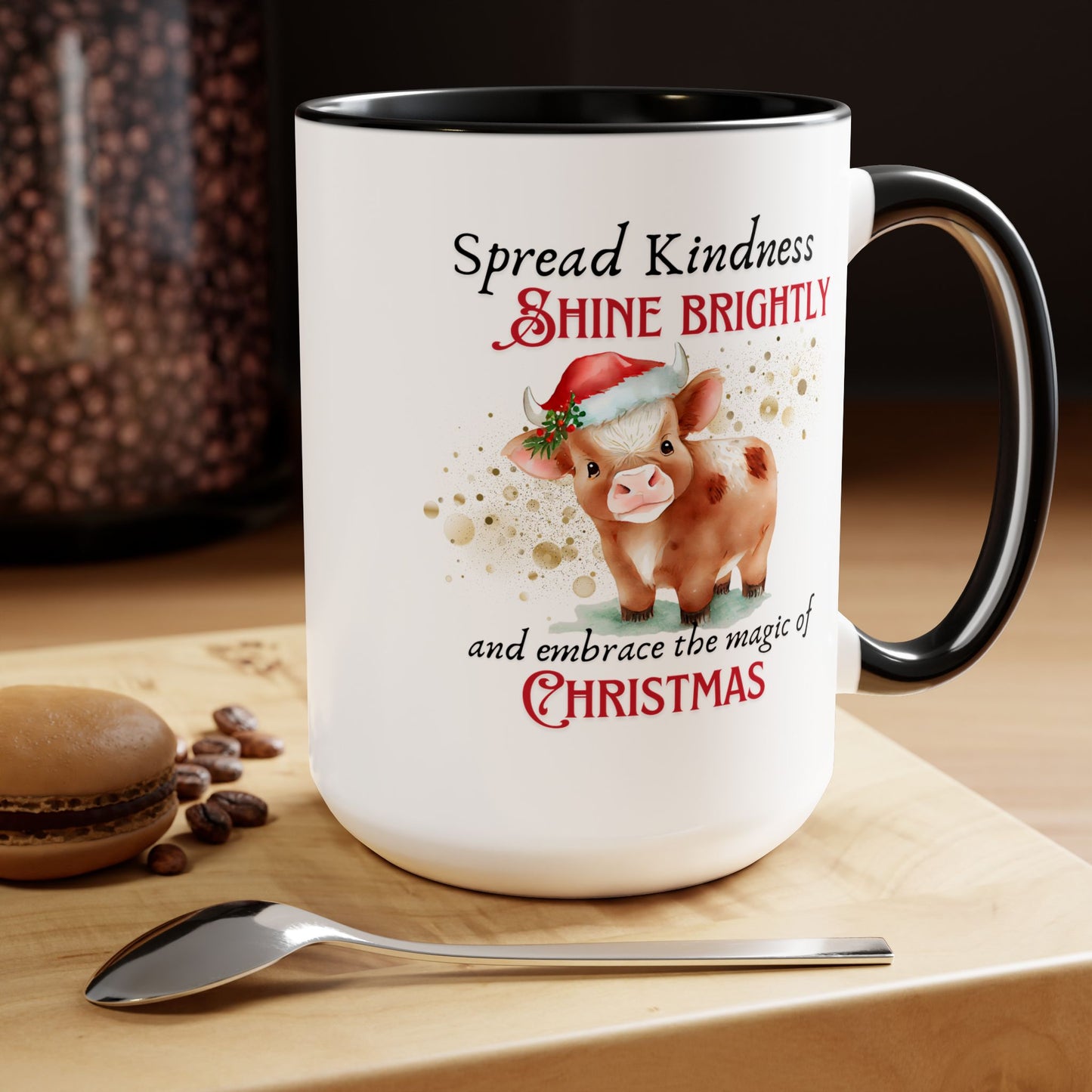 Two-Tone Coffee Mugs, 15oz - Magic of Christmas Highland Cow