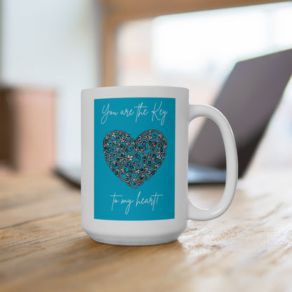 White Ceramic Mug 15oz Blue You are the key to my heart