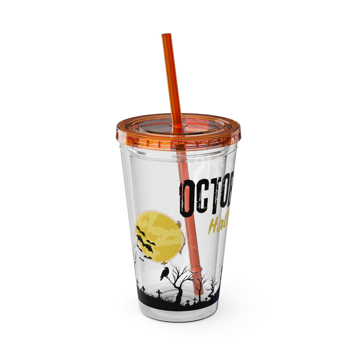 Clear Tumbler with color-matching lid and straw, 16oz - October 31 Haunted House Halloween Tumbler