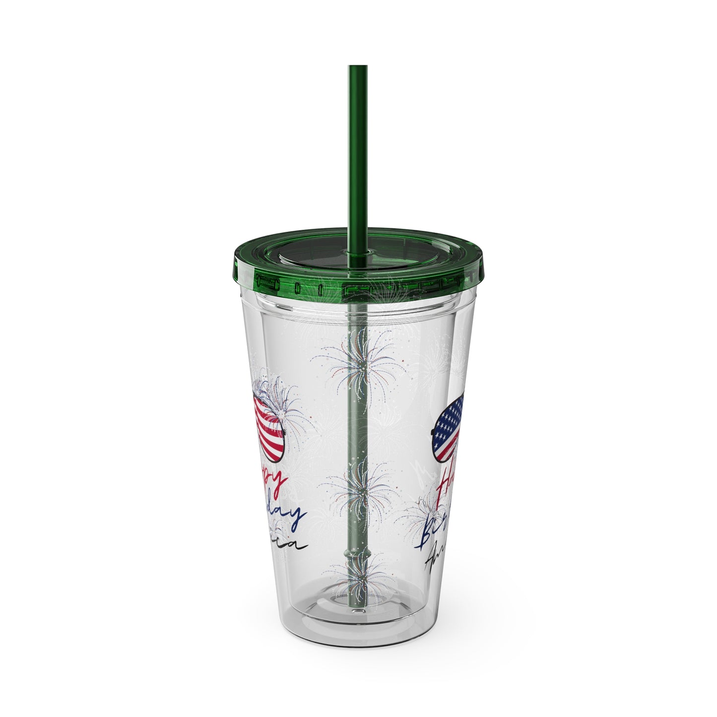 Clear Tumbler with color-matching lid and straw, 16oz  - Happy Birthday America