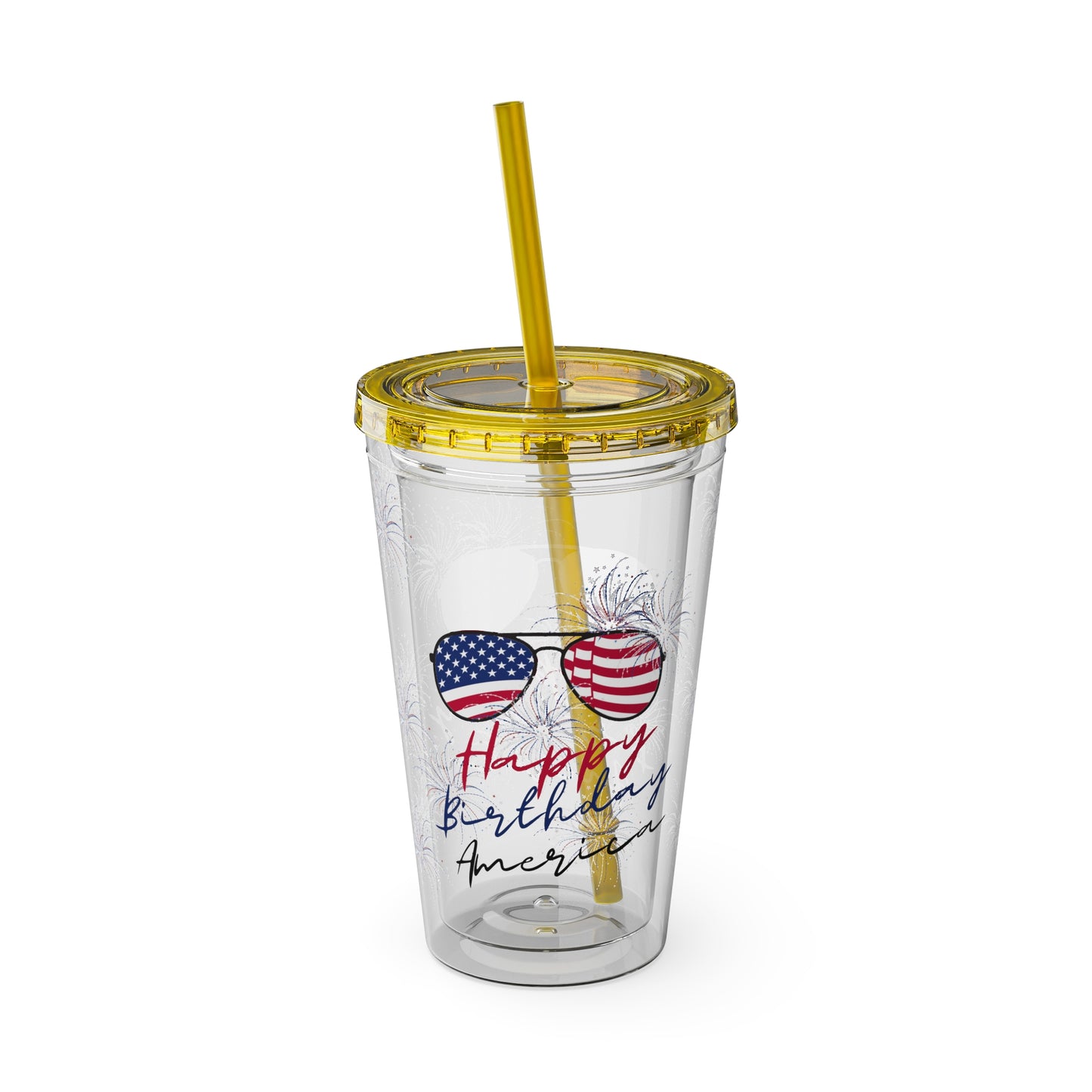 Clear Tumbler with color-matching lid and straw, 16oz  - Happy Birthday America